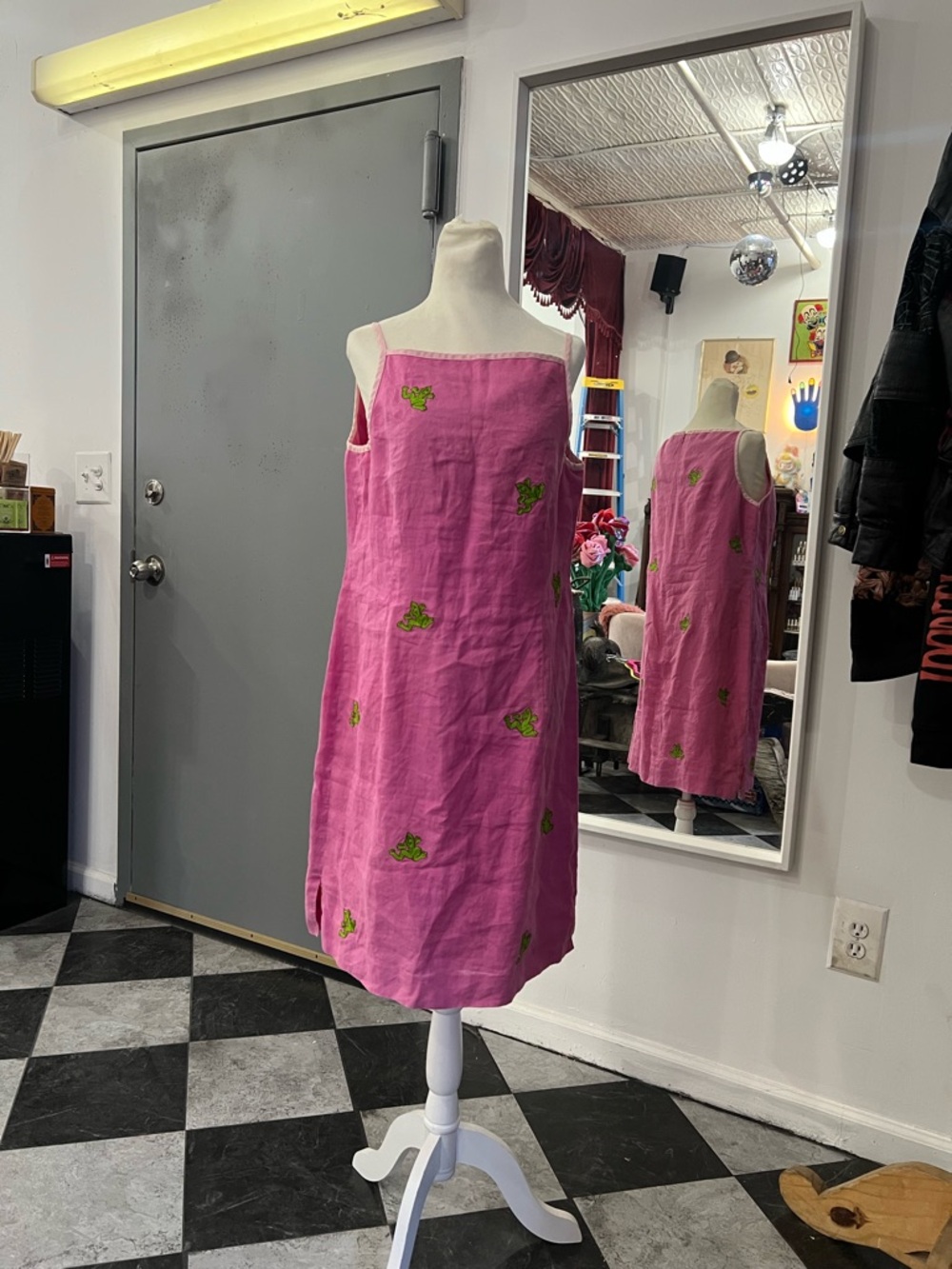 Pink Linen Slip Dress with Green Frog Embroidery